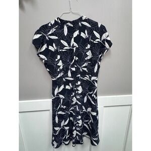 Banana Republic Navy Blue White Leaf Print Cap Sleeve Fit Flare Dress Womens 8